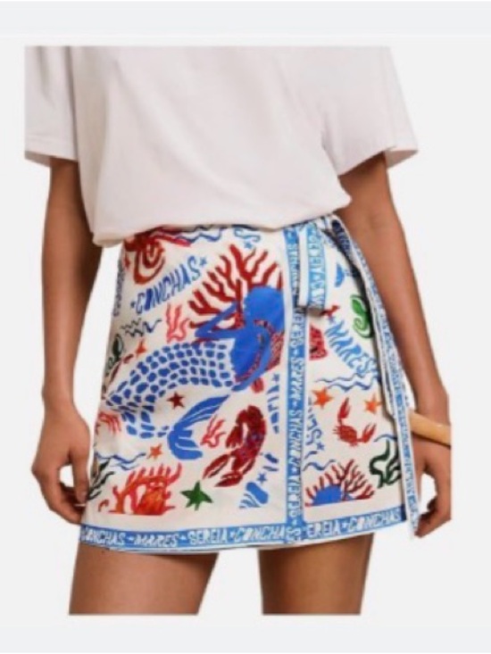 Makemechic Dresses & Skirts - White Mini Wrap Skirt with Blue & Red Sea Life Print